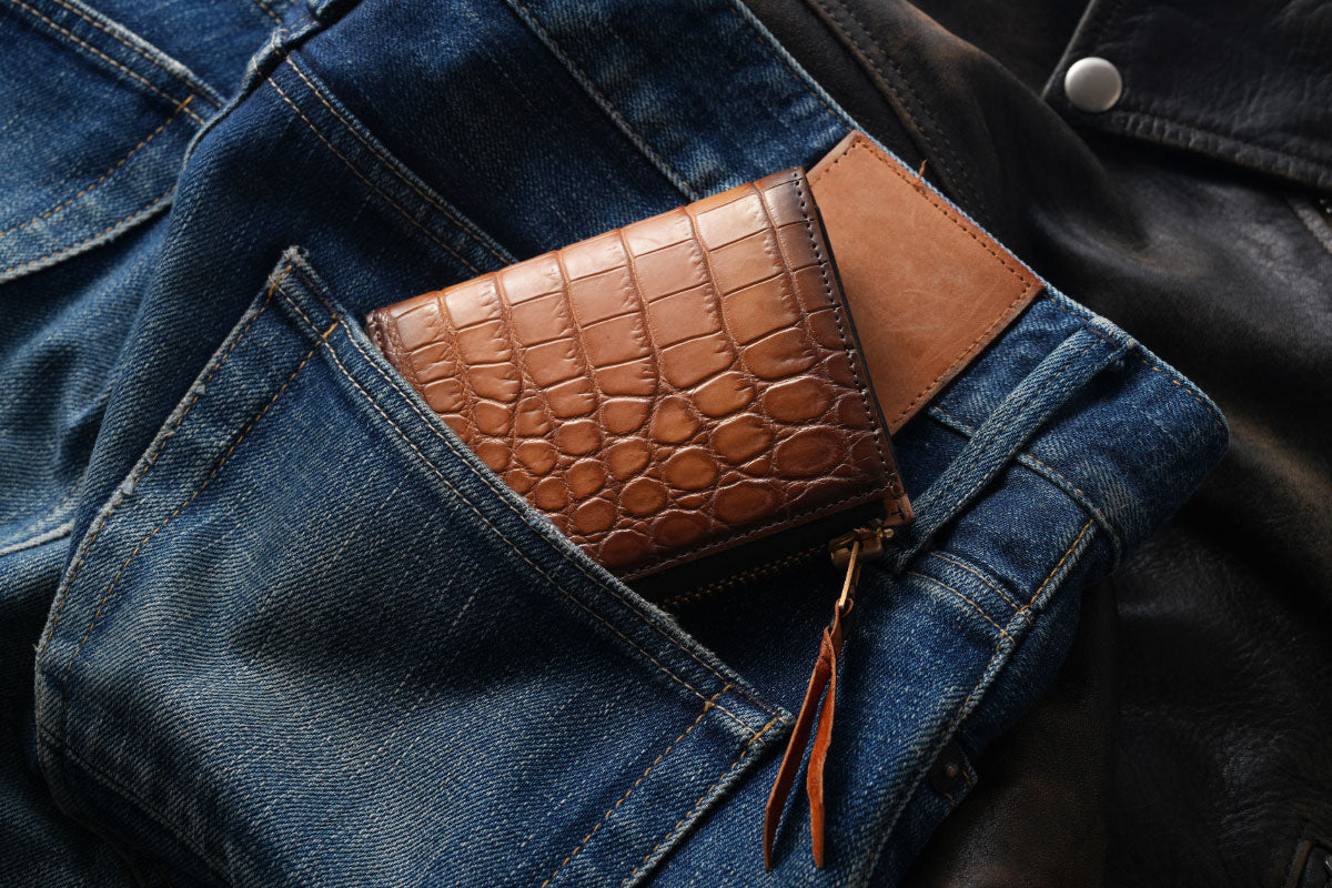 池田工芸 ×GUILDTOKYO× Lightning 「ヌメ革」手染めトーストクロコダイル「 L字ファスナーウォレット」