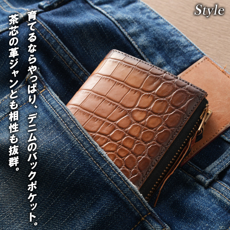 美品 限定モデル 池田工芸 × Lightning L字ファスナー財布 池田工芸 ×GUILDTOKYO× Lightning 『手染めデニム』クロコダイル「 L字